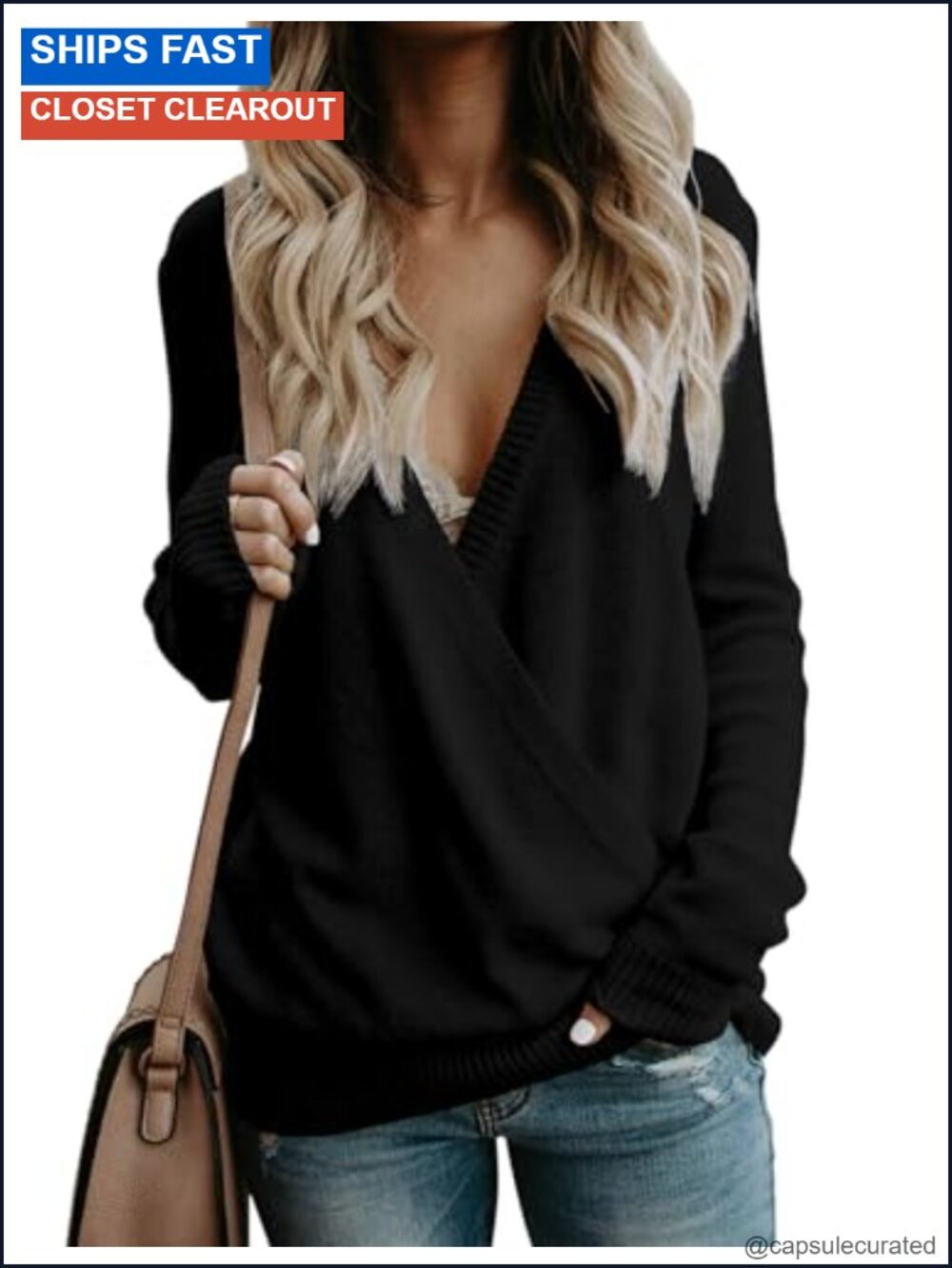 Women's Long Sleeve Wrap Sweater V Neck Oversized Pullover Loose Fit Jumper